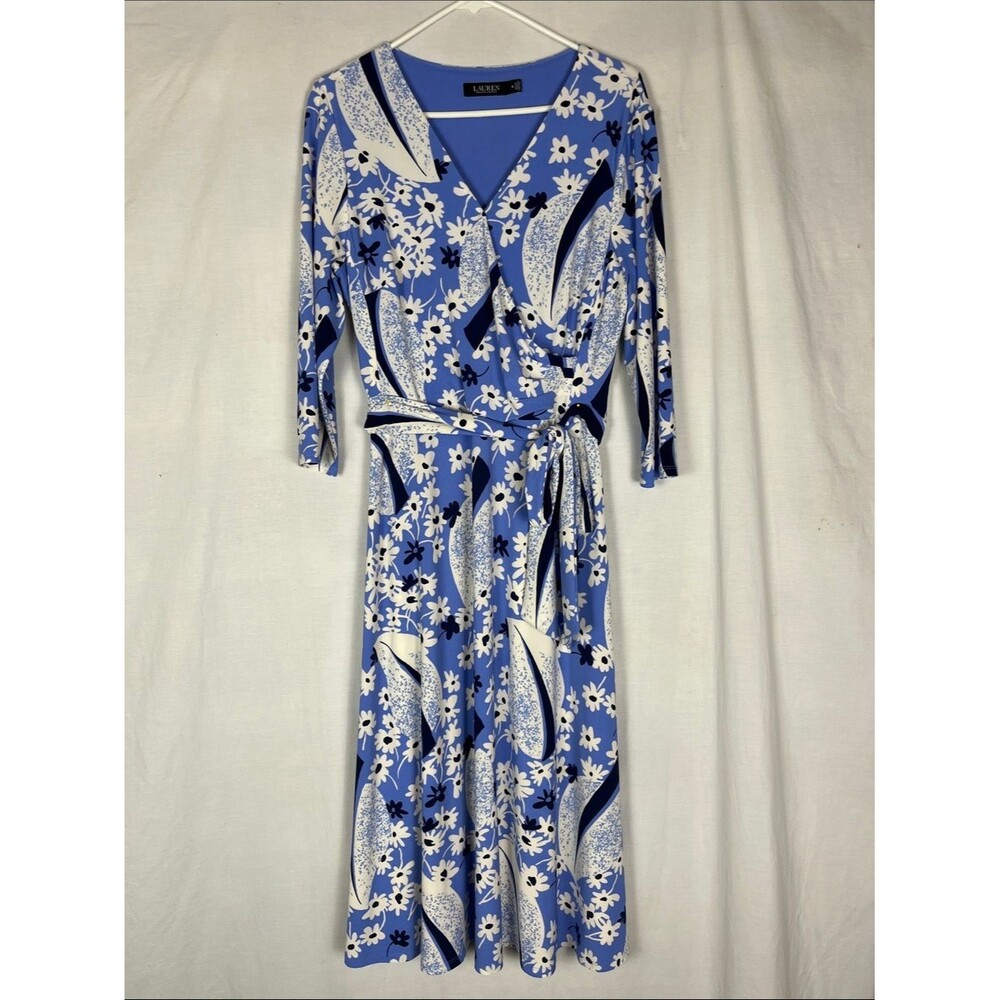 Lauren Ralph Lauren Blue Floral Faux Wrap Midi Dress 3/4 Sleeve